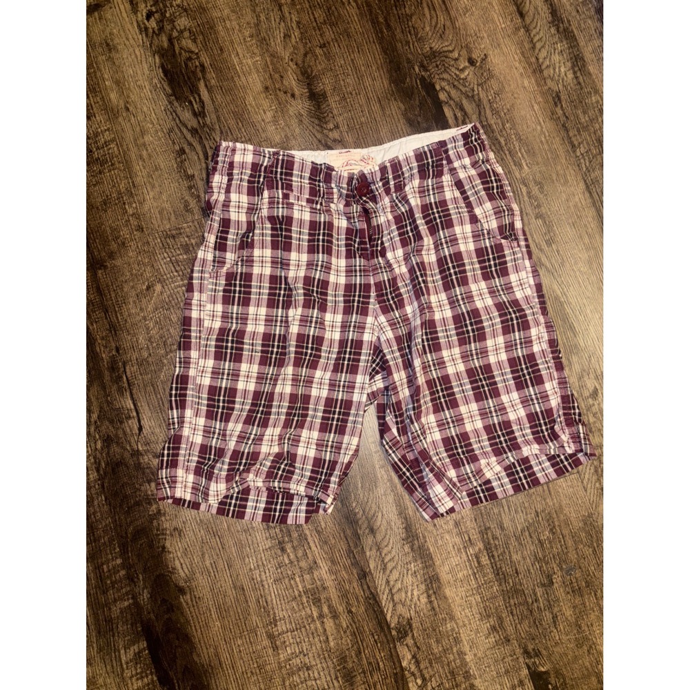 Red Camel Mens Plaid Shorts Burgundy White Navy Blue Check Flat Front Casual 32